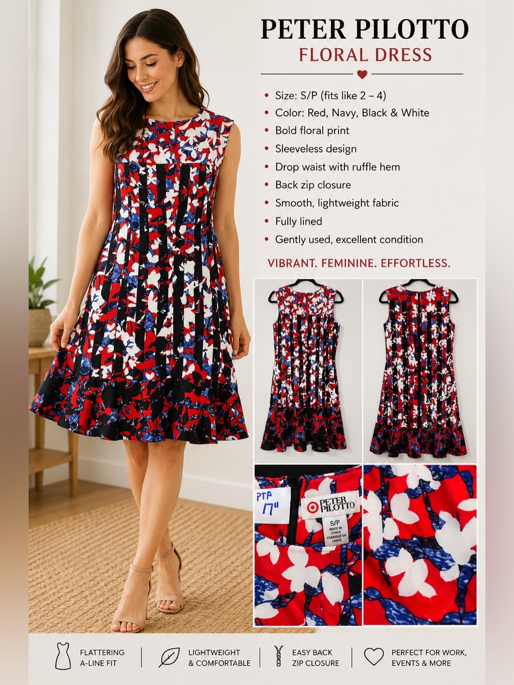 Peter Pilotto Red Navy Black & White Floral Sleeveless Midi Dress